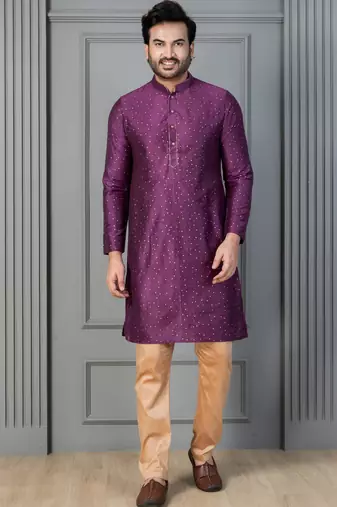 purple silk blend kurta payjajama set for men with printed work