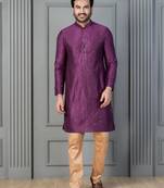 purple silk blend kurta payjajama set for men with printed work