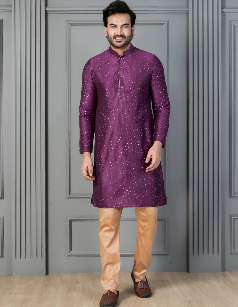 purple silk blend kurta payjajama set for men with printed work