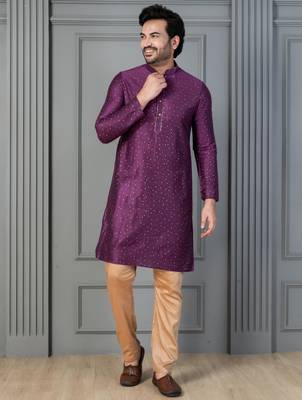 purple silk blend kurta payjajama set for men with printed work 2