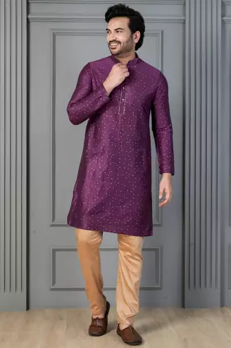 purple silk blend kurta payjajama set for men with printed work