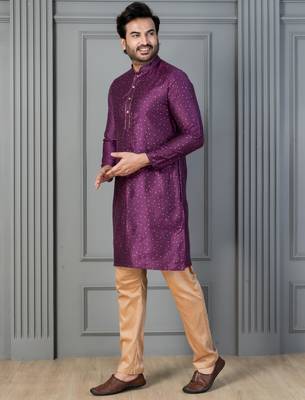 purple silk blend kurta payjajama set for men with printed work 3