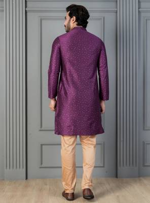 purple silk blend kurta payjajama set for men with printed work 4