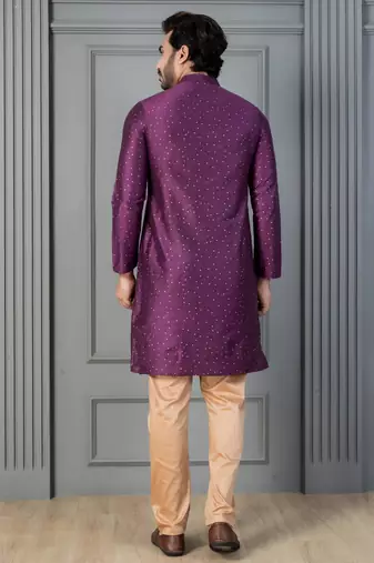 purple silk blend kurta payjajama set for men with printed work
