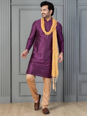 purple silk blend kurta payjama dupatta set for men 1