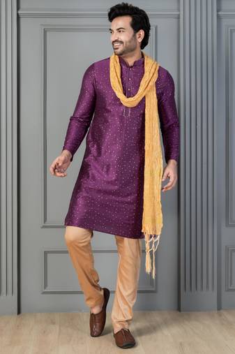 purple  silk blend kurta,payjama, dupatta set for men