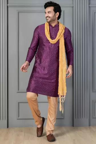 purple silk blend kurta payjama dupatta set for men