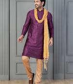 purple silk blend kurta payjama dupatta set for men