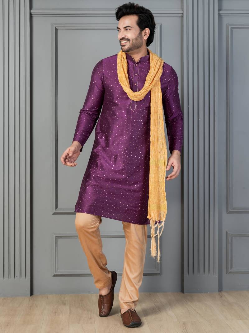 purple silk blend kurta payjama dupatta set for men