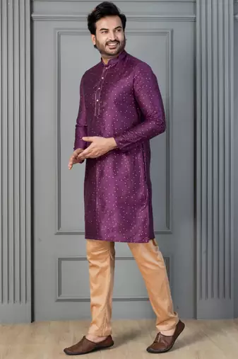 purple silk blend kurta payjama dupatta set for men