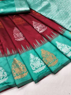 Rama red art silk blend banarasi jacuard work saree with unstitched blouse piece 6