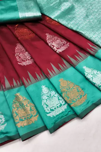 Rama red art silk blend banarasi jacuard work saree with unstitched blouse piece