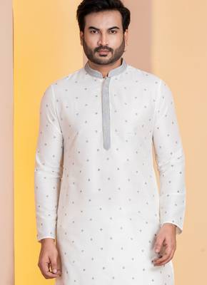 white silk blend kurta for men with printed work 1