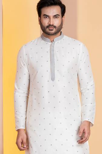 white silk blend kurta for men with printed work