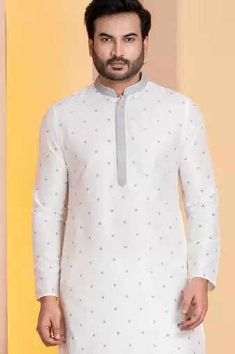 white silk blend kurta for men with printed work