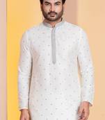 white silk blend kurta for men with printed work