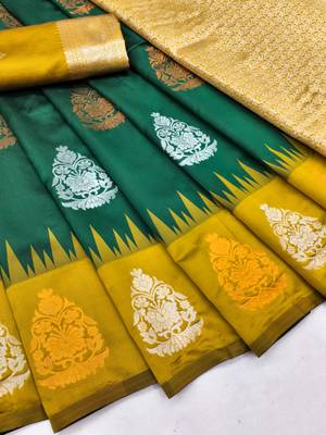 Yellow green art silk blend banarasi jacuard work saree with unstitched blouse piece 6