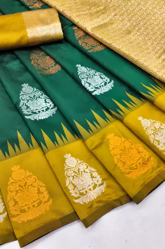 Yellow green art silk blend banarasi jacuard work saree with unstitched blouse piece