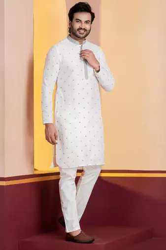 white silk blend kurta for men with printed work