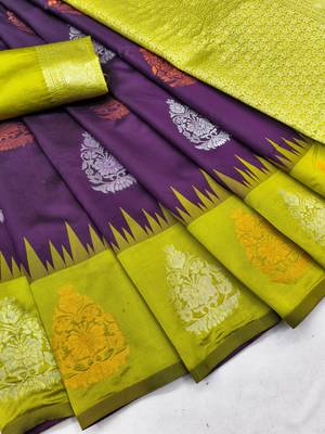 Yellow wine art silk blend banarasi jacuard work saree with unstitched blouse piece 6