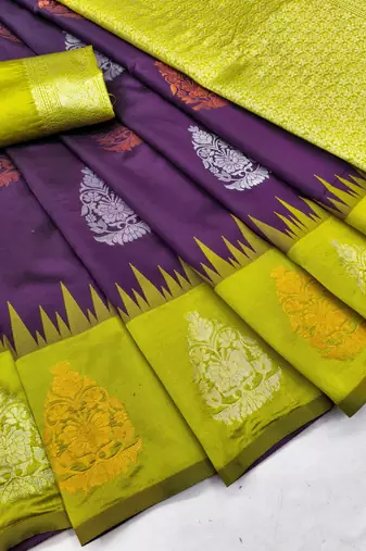 Yellow wine art silk blend banarasi jacuard work saree with unstitched blouse piece