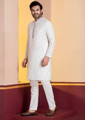 white silk blend kurta for men with printed work 3