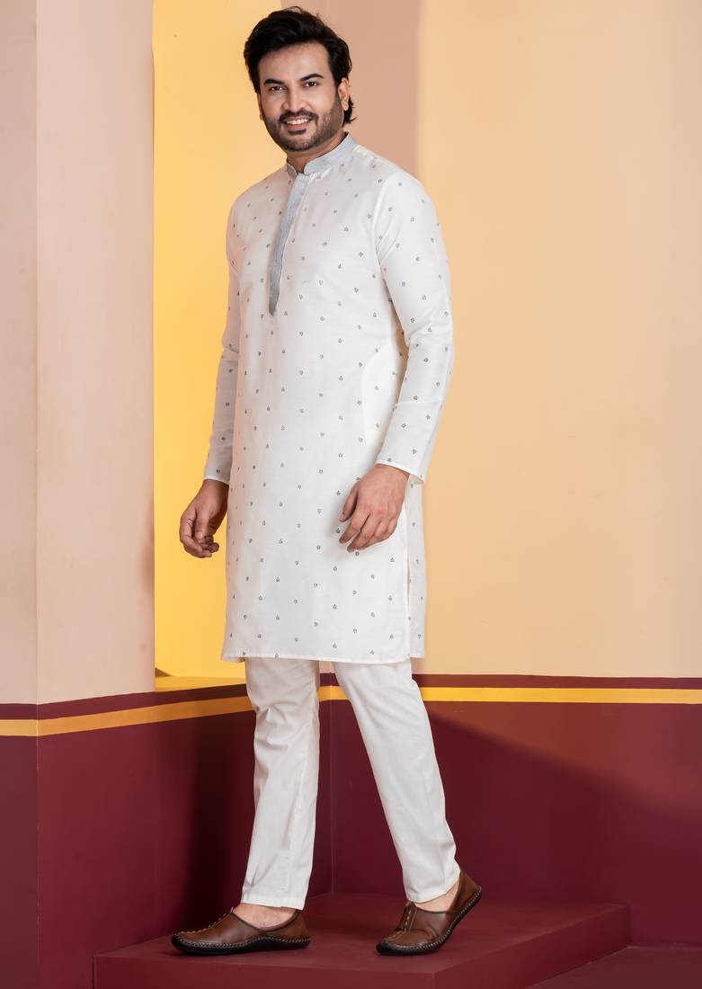 white silk blend kurta for men with printed work