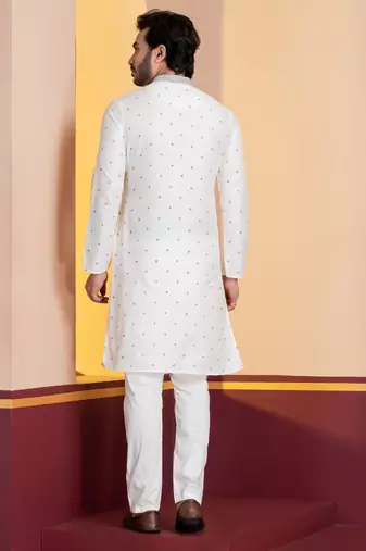 white silk blend kurta for men with printed work