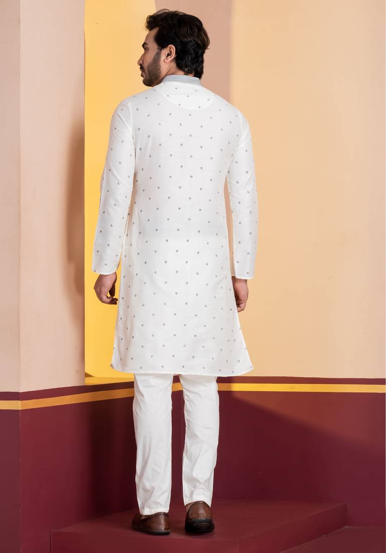 white silk blend kurta for men with printed work