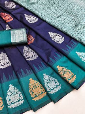Blue rama art silk blend banarasi jacuard work saree with unstitched blouse piece 5