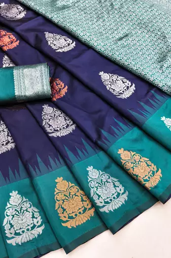 Blue rama art silk blend banarasi jacuard work saree with unstitched blouse piece
