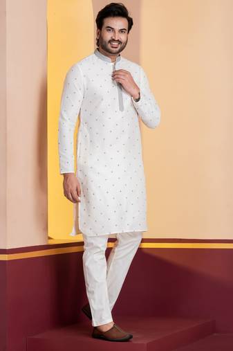 white silk blend kurta pyjama set for men with printed work