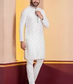 white silk blend kurta pyjama set for men with printed work