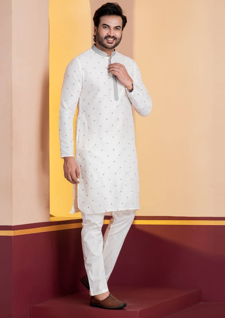 white silk blend kurta pyjama set for men with printed work