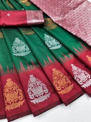Red green art silk blend banarasi jacuard work saree with unstitched blouse piece 6