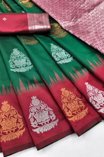 Red green art silk blend banarasi jacuard work saree with unstitched blouse piece