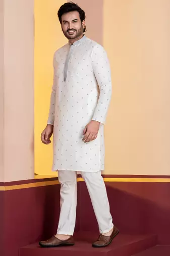 white silk blend kurta pyjama set for men with printed work