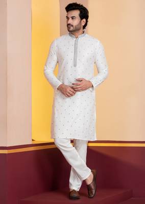 white silk blend kurta pyjama set for men with printed work 3