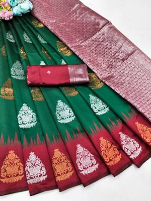 Red green art silk blend banarasi jacuard work saree with unstitched blouse piece 7