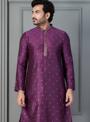 purple silk blend kurta for men with printed work 1
