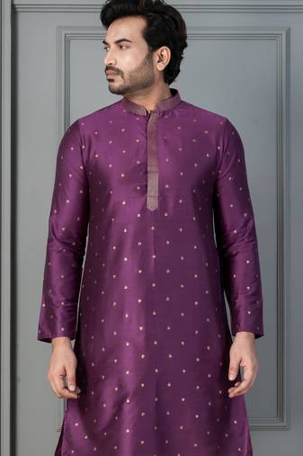 purple silk blend kurta for men with printed work