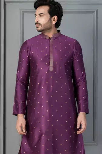 purple silk blend kurta for men with printed work