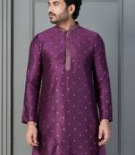 purple silk blend kurta for men with printed work