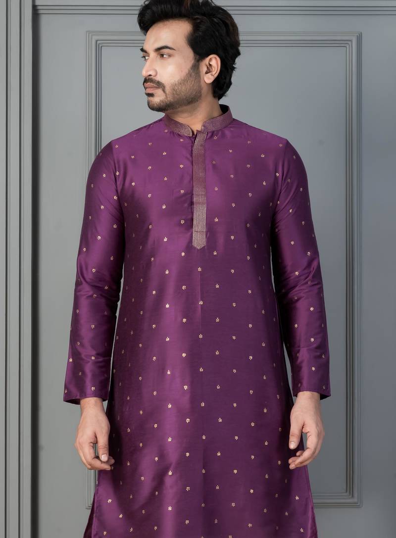 purple silk blend kurta for men with printed work