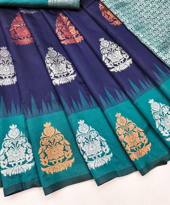 Blue rama art silk blend banarasi jacuard work saree with unstitched blouse piece 6