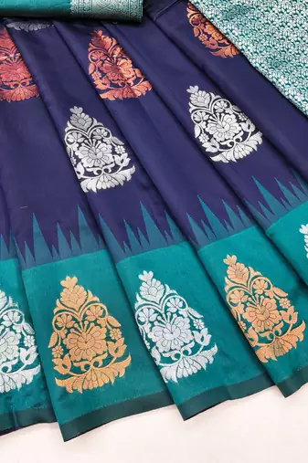 Blue rama art silk blend banarasi jacuard work saree with unstitched blouse piece