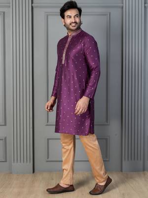 purple silk blend kurta for men with printed work 2