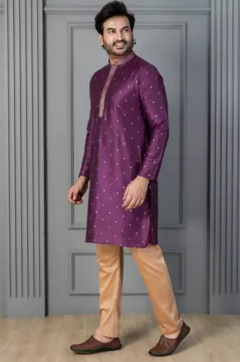 purple silk blend kurta for men with printed work