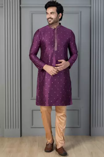 purple silk blend kurta for men with printed work