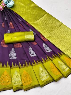Yellow wine art silk blend banarasi jacuard work saree with unstitched blouse piece 7